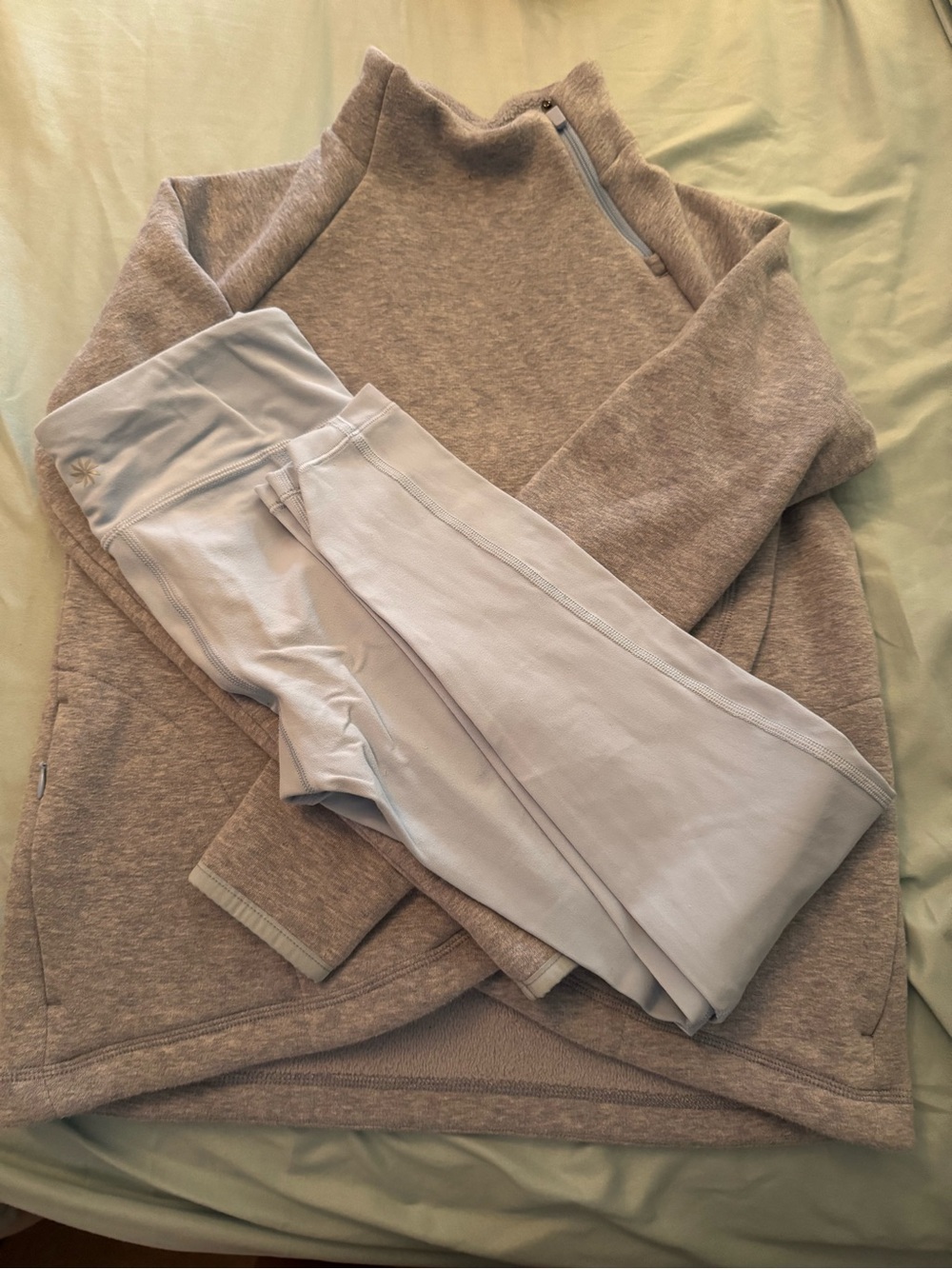 Athleta Girl Pale Blue High-Rise Leggings and zip neck sweatshirt